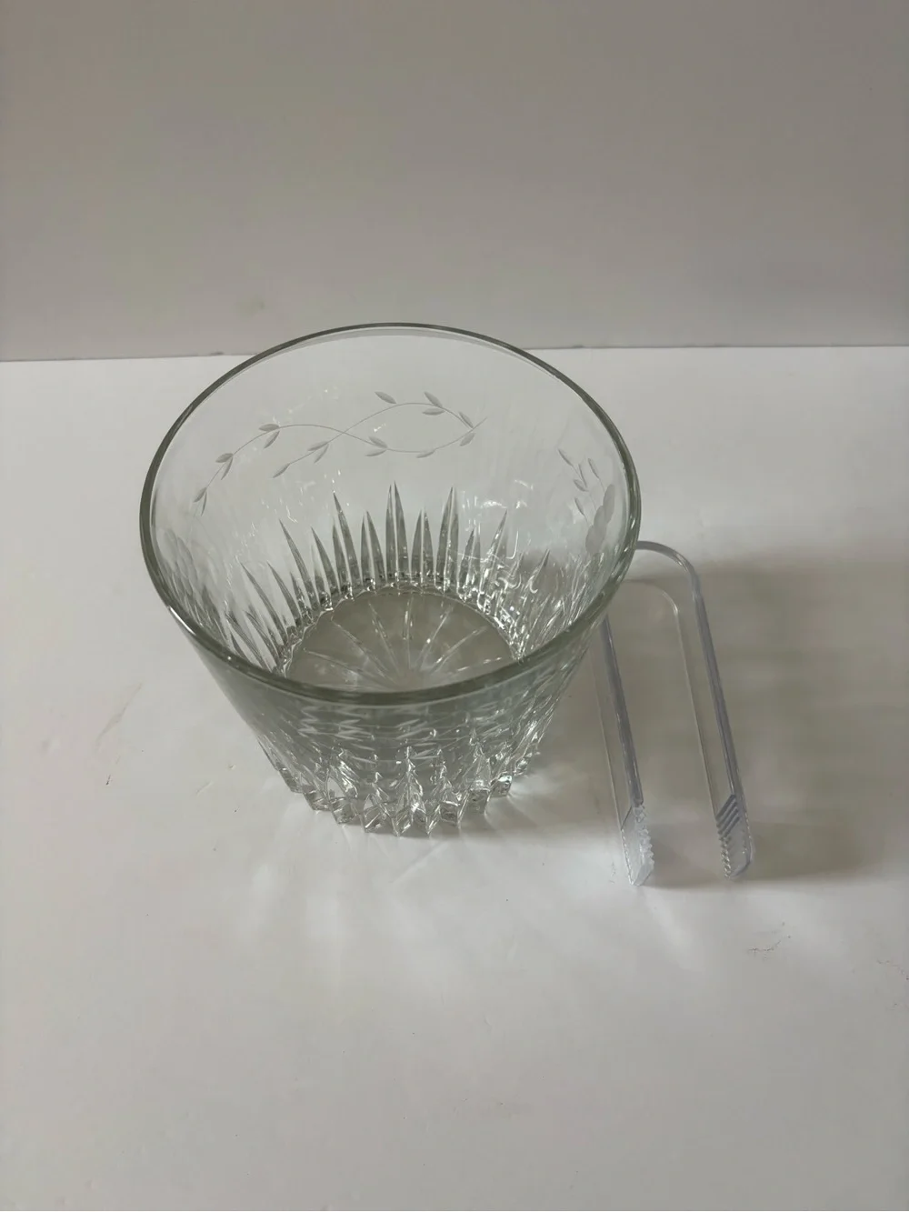 Princess House Small Clear Etched Glass Ice Bucket with Tongs